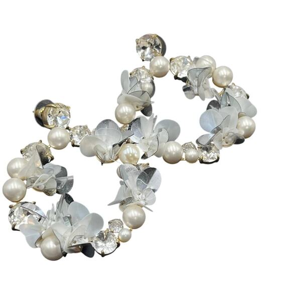J. Crew White Pearl, Crystal, Sequin Hoop Statement DoorKnocker Earrings Bridal - Picture 12 of 12